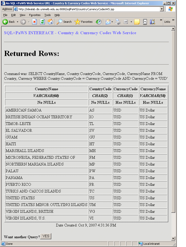 Results table from an SQL+PaWS service